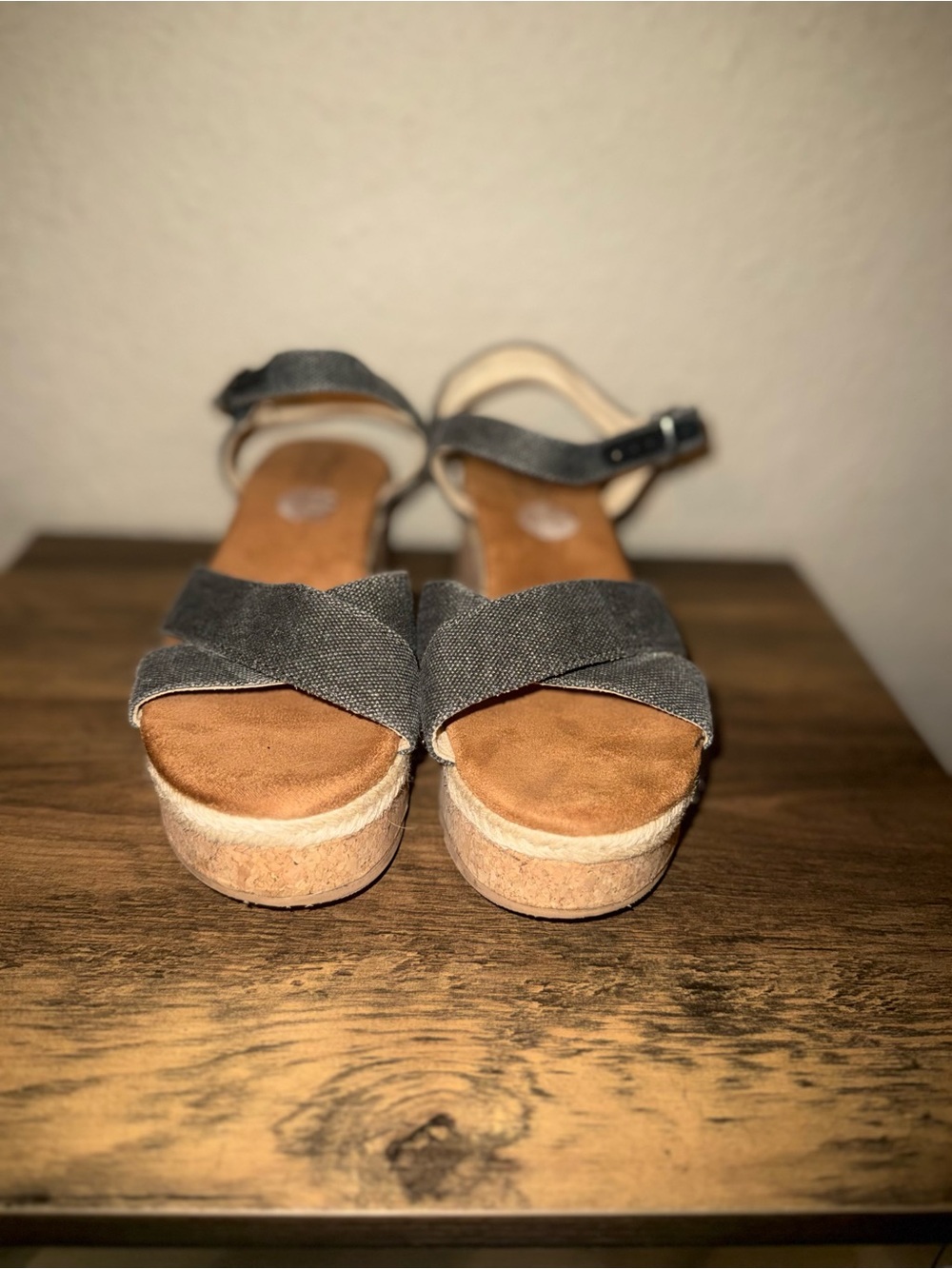 Toms Gray Linen Wedge Sandals with Ankle Strap